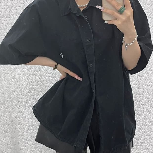 나이키 빈티지 모던 시크 캐주얼 올블랙 반팔 셔츠 XXL C13454