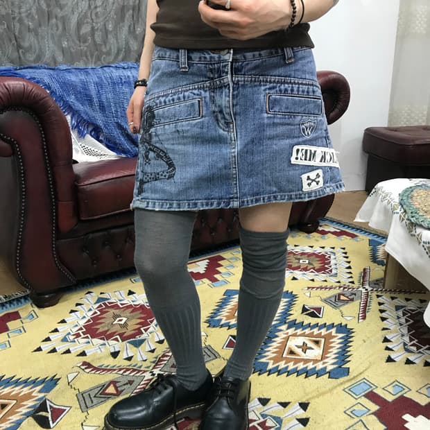 빈티지 여성 패치 디테일 데님 미니스커트 (Z1101)