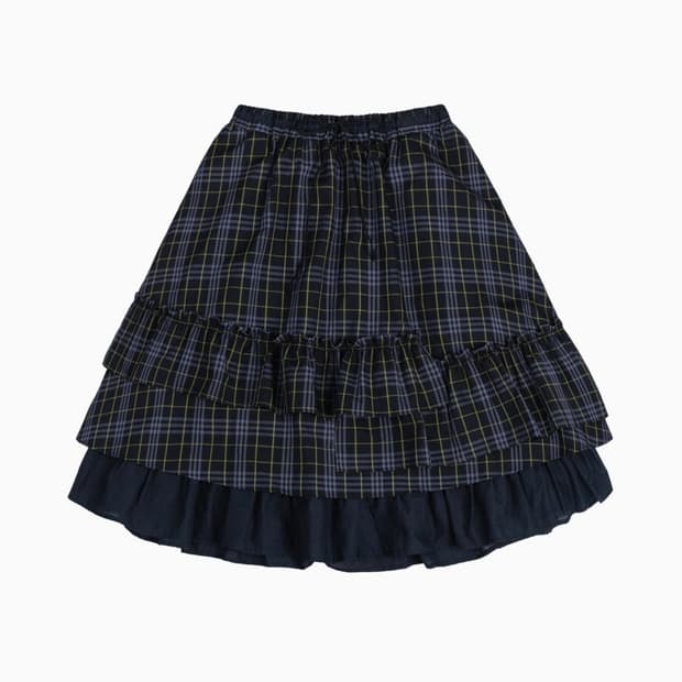 오헤시오 체크 프릴 미디 스커트 네이비