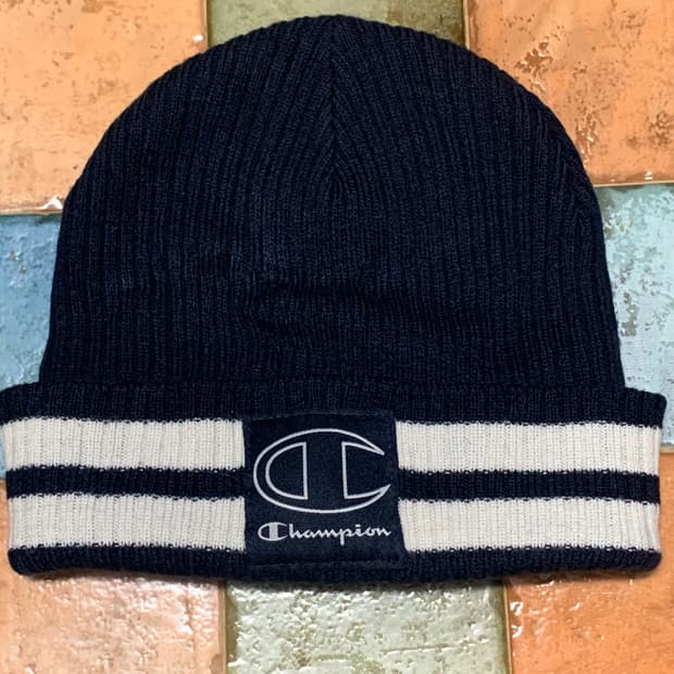 챔피온 빅로고 라인 니트 비니 네이비