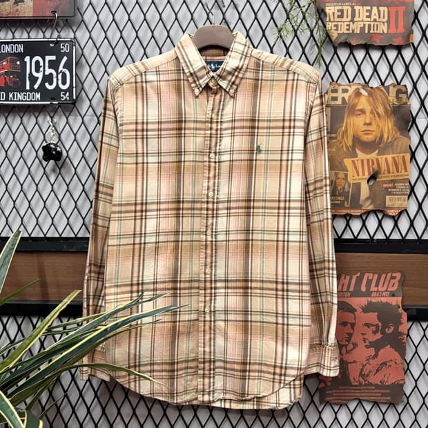 폴로 랄프로렌 긴팔 체크 셔츠 카키 포니 로고 포인트 베이지