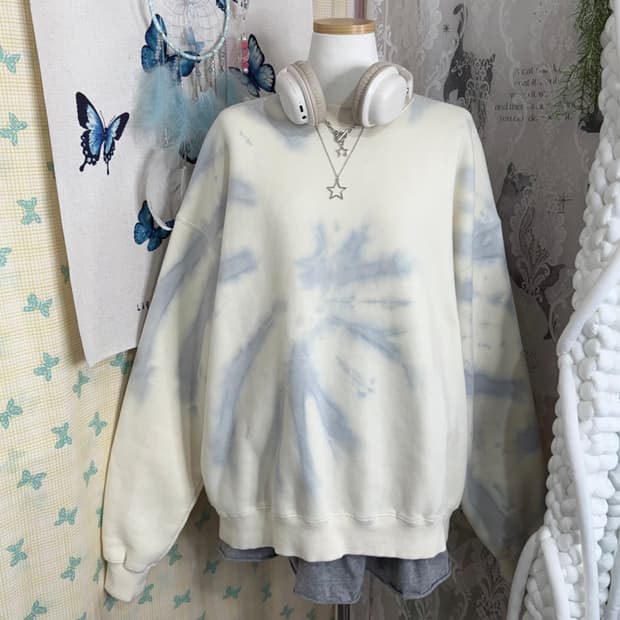 아이보리 & 하늘색 타이다이 오버핏 맨투맨