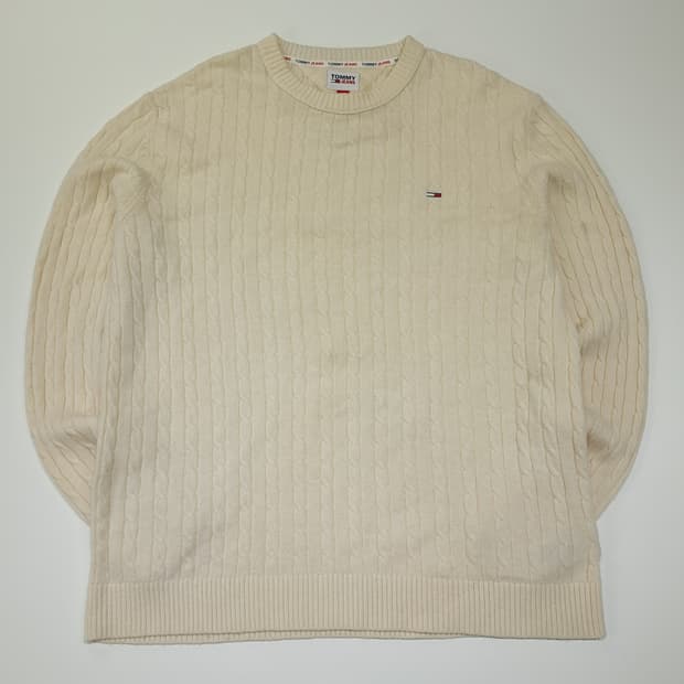 CL127 2XL 타미 진스 크림화이트 울 혼방 케이블 니트