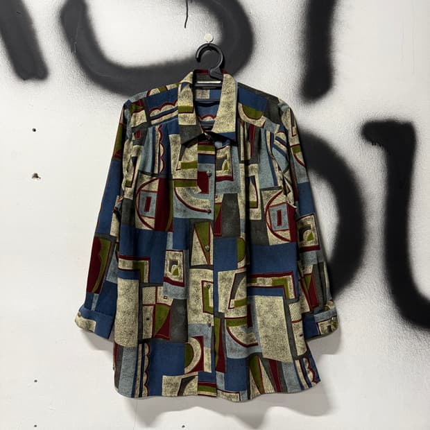 VTG 빈티지 기하학 패턴 셔링 긴팔 셔츠