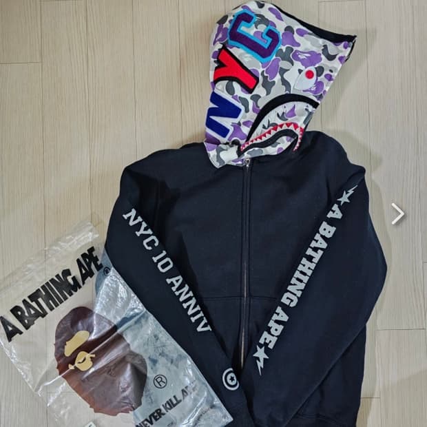 베이프 NYC 10주년 한정판 샤크 풀 집 후디 블랙