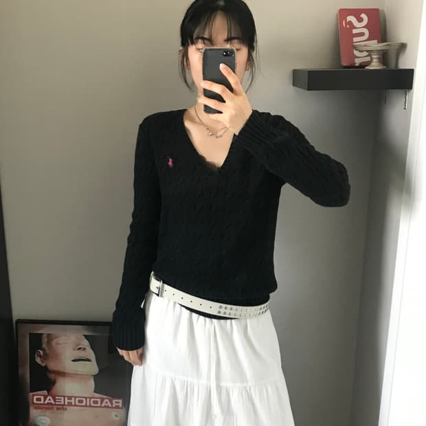 폴로 랄프로렌 포니 로고 브이넥 케이블 니트