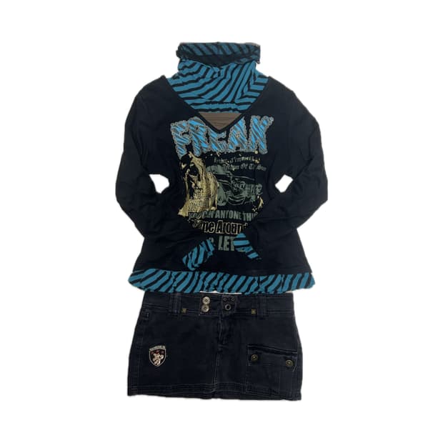 *코디셋*빈티지 펑크 갸루 단가라 폴라 레이어드 프린팅 티셔츠 데님스커트