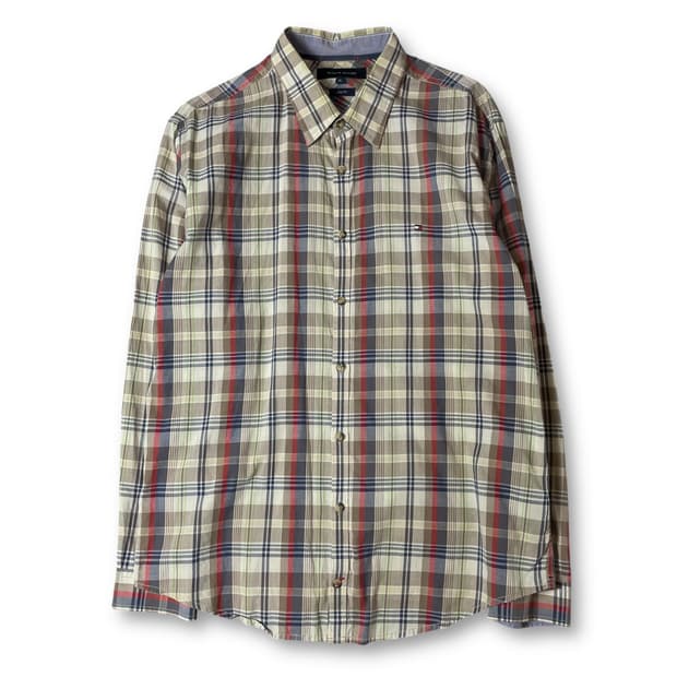 타미힐피거 연브라운 블루 레드 멀티배색 체크 긴팔 셔츠 슬림핏 XL 
