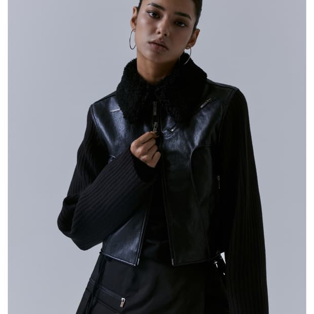 트리밍버드 2-way Collar 니트 슬리브 레더자켓