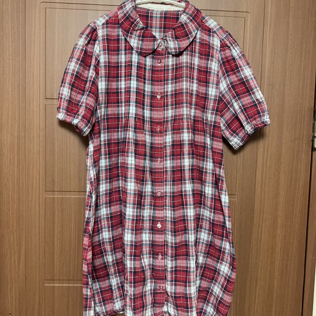 모리걸 하구미 히피 일본 빈티지 둥근카라 레드 체크 홍콩 블라우스 원피스