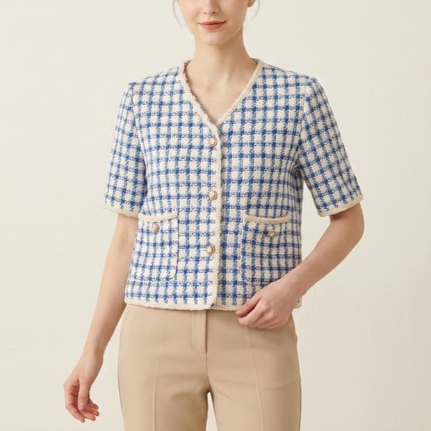 [F]JJ지고트 체크 트위드 반팔 자켓