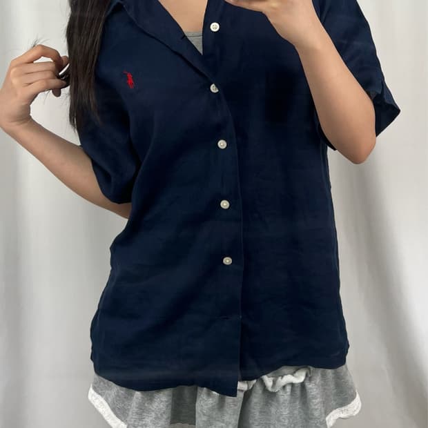 폴로 QR 네이비 린넨 반팔 셔츠