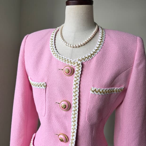핑크 레이스 테이핑 금장 버튼 트위드 자켓