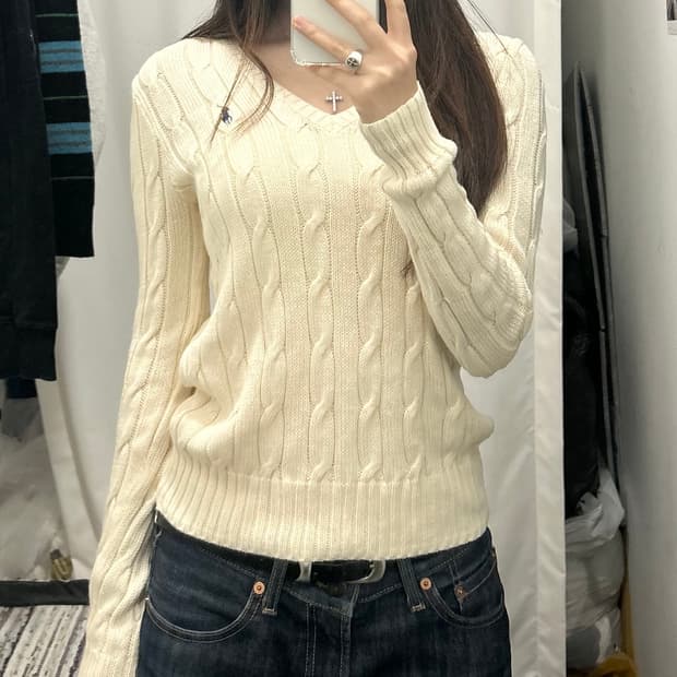폴로 랄프로렌 케이블 스웨터 브이넥 아이보리