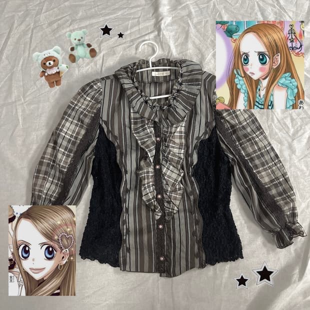 민트초코 쇼콜라 레이스 체크 블라우스