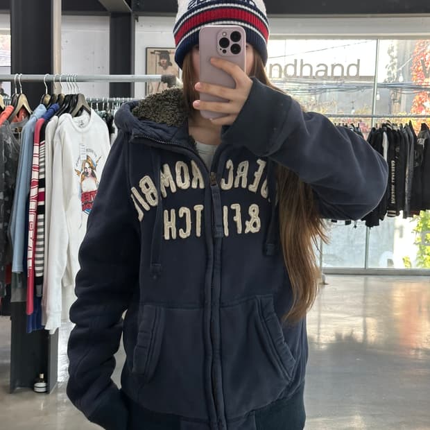 아베크롬비 울프죠 양털 후드집업자켓 네이비