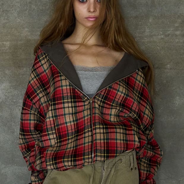 익스파이어드걸 체크 후디 집업 시나몬