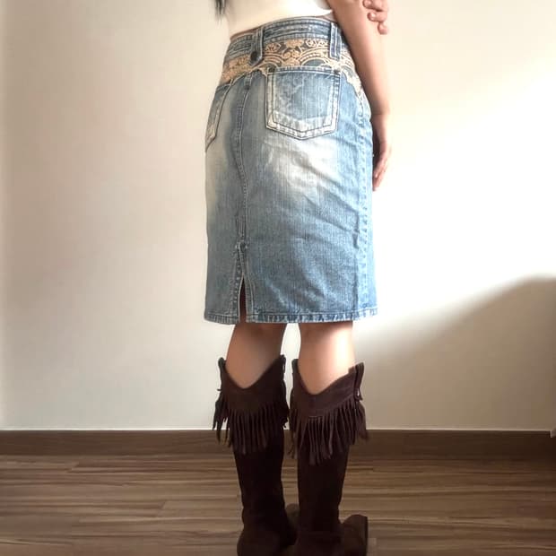 레이스 데님 미디 스커트