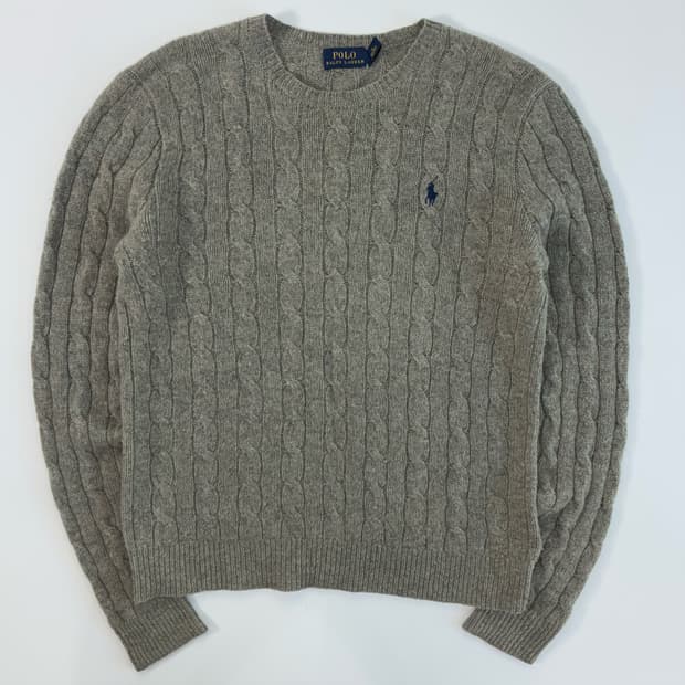 Polo  폴로 랄프로렌 자수 코튼 메리노울 그레이 꽈배기 니트