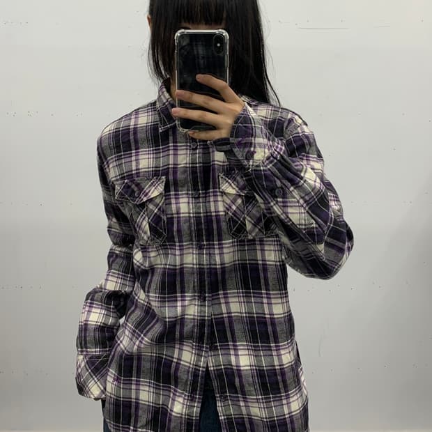 버버리 블랙라벨 퍼플 체크 셔츠(하단로고)