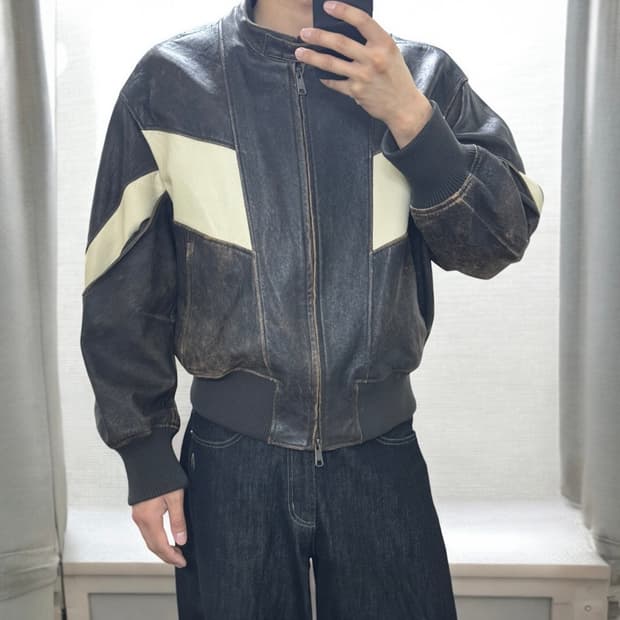 디스트레스 믹스드 레더 점퍼