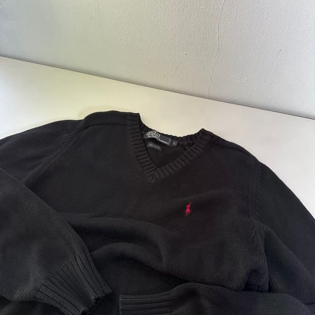 L 폴로 랄프로렌 블랙 브이넥 면 니트