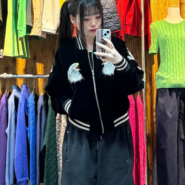 S 제페니즈 이글 드래곤 자수 블랙 벨벳 스카잔 