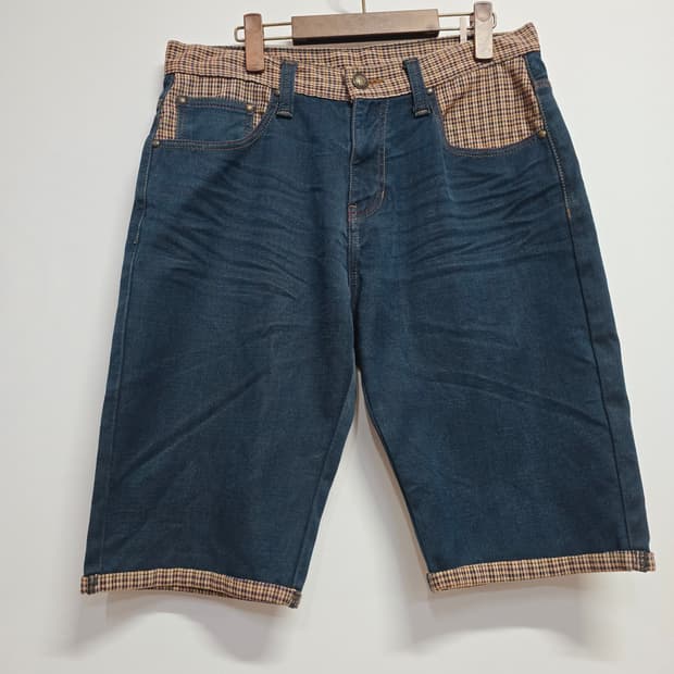 에비수 체크 배색 데님 반바지