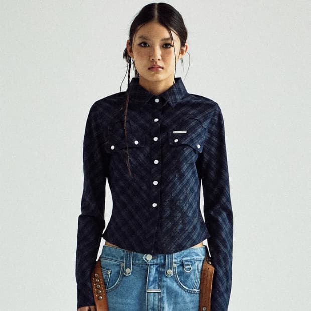 PAINTING CROP CHECK SHIRTS(W) NAVY