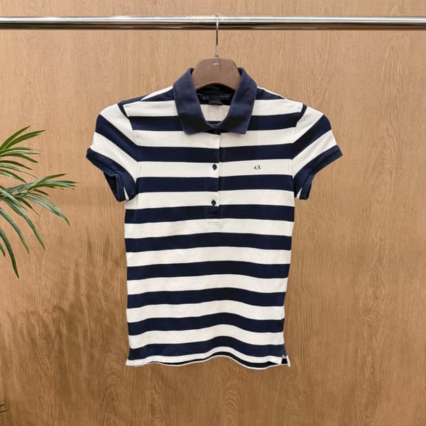 아르마니 익스체인지 반팔 티셔츠 스트라이프 패턴 카라넥 디테일 네이비