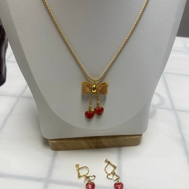 골드 레드 하트 목걸이 귀걸이 세트 일본 빈티지