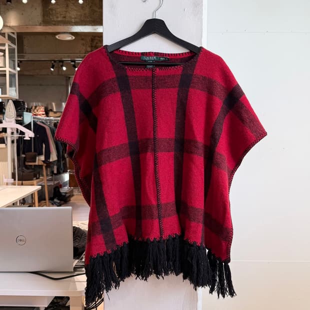 랄프 로렌 레드 체크 울 케이프 