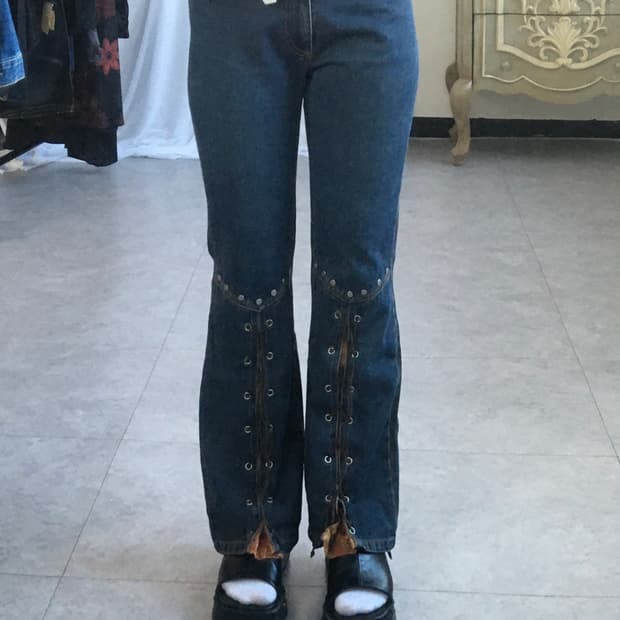 Lace up point denim pants