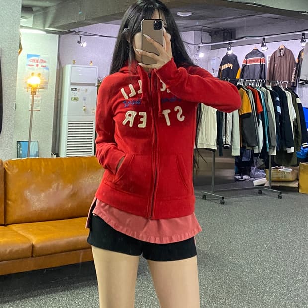홀리스터 자수 로고 후드집업 레드 B4785