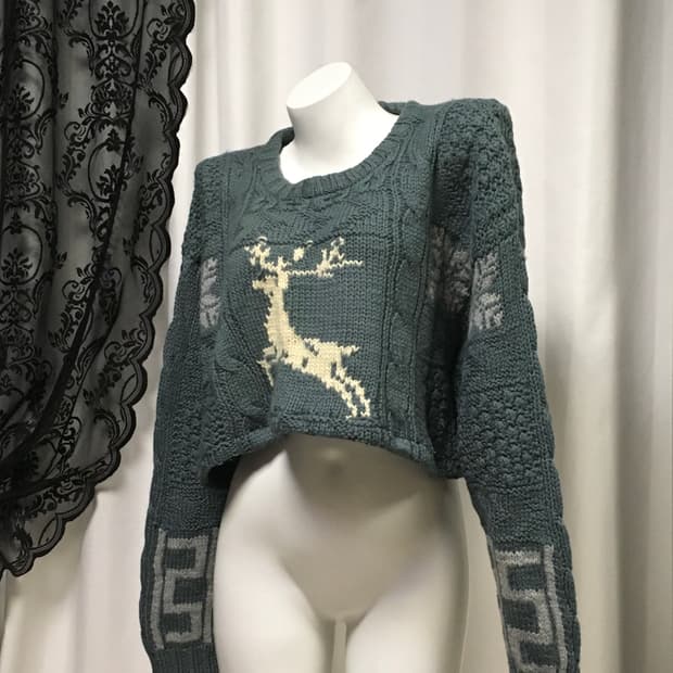 Vintage 커스텀 크롭 사슴 꽈배기 자수니트 틸블루 터콰이즈 청록