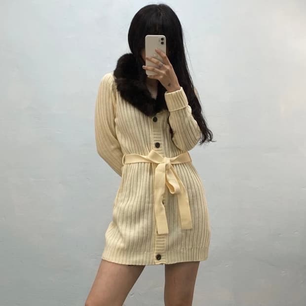 [8436]fur collar cardigan mini onepiece