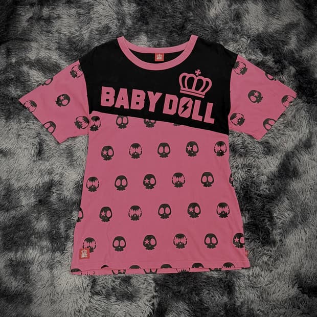 Baby Doll 스컬 패턴 핑크 반팔 티셔츠