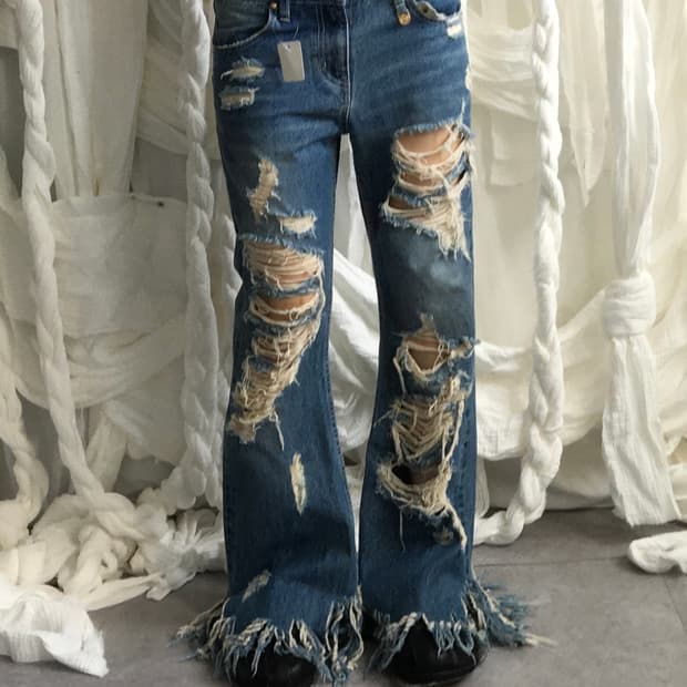 Damage fringe point denim pants