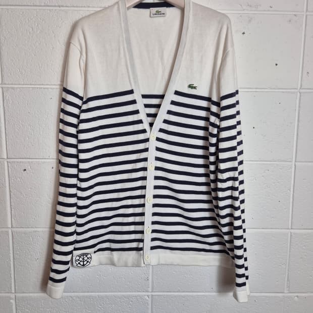 4) 라코스테 스트라이프 가디건 화이트 네이비 100