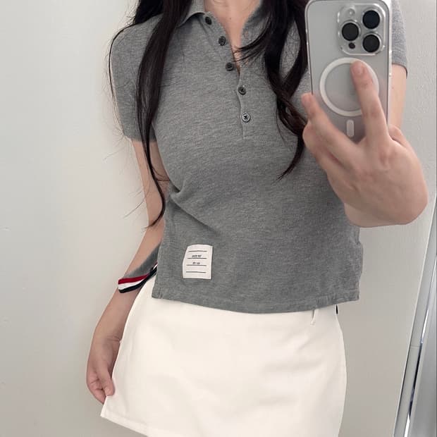 톰브라운 우먼 백삼선 5버튼 카라 티셔츠
