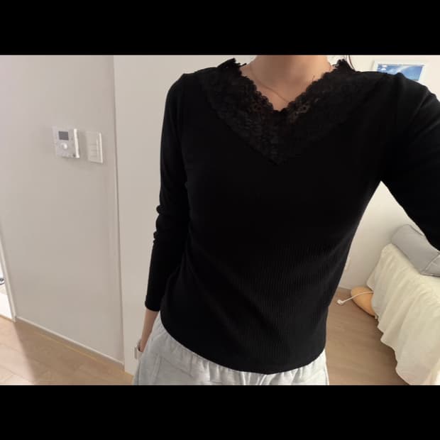 Jpn 블랙 넥 레이스 슬림 골지 이너티