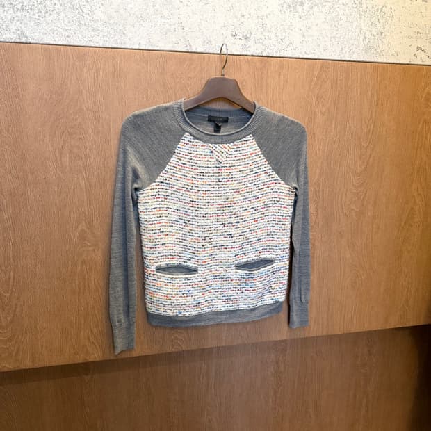 빈티지 롱슬리브 니트 부클 아이보리 트위드 배색 슬리브 포켓 그레이