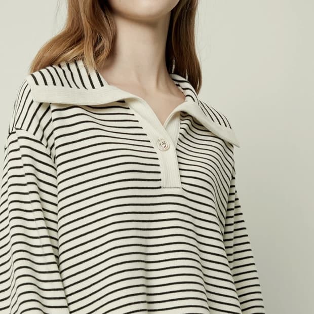 sjsj 스트라이프 카라 니트 긴팔 티셔츠