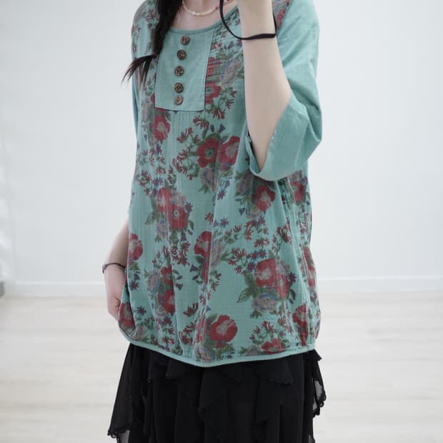 Blue-green flower blouse