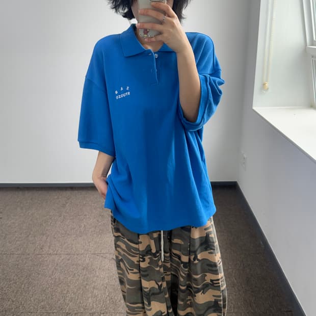 I A B studio 아이앱 스튜디오 블루 니트 반팔 카라티 