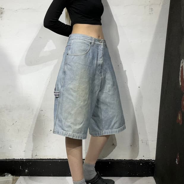 마자 플라바 연청 힙합 새깅 버뮤다 데님 팬츠 청 반바지 M