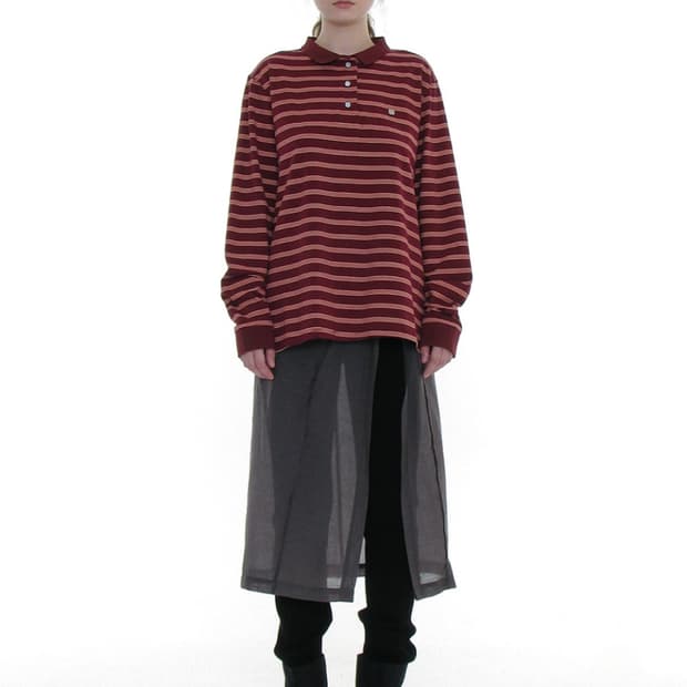 파르티멘토우먼 스트라이프 롱슬리브 폴로 티 버건디