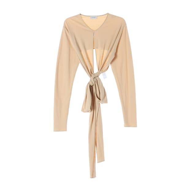 르메르 베이지 리본 매듭 슬릿 크롭 긴팔 티셔츠 블라우스
