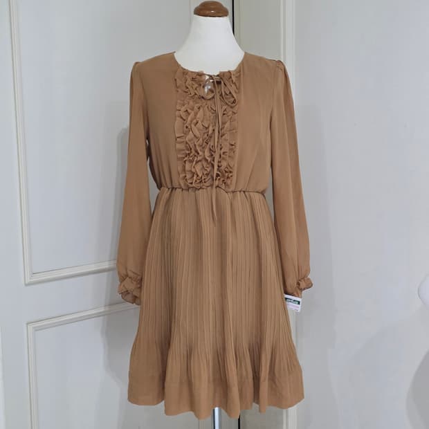 일본빈티지 어스뮤직)브라운 모리걸st 셔링레이스플리츠 로맨틱데일리 원피스