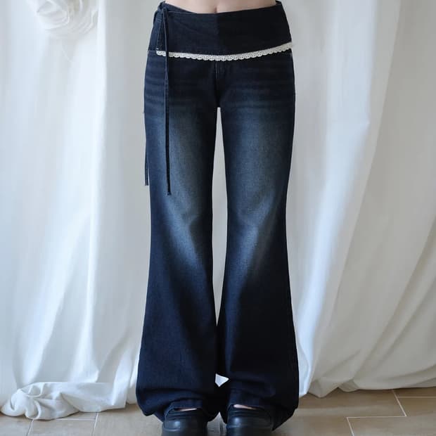 미레코 LAYERED LACE WRAP DENIM PT DARK BLUE